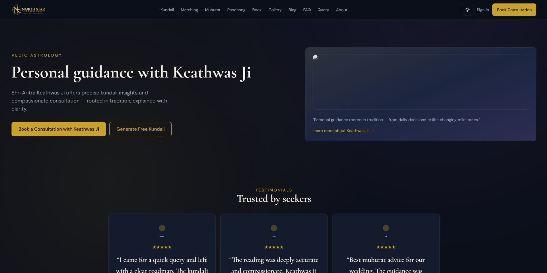 North Star Consultings homepage offering Vedic astrology consultations